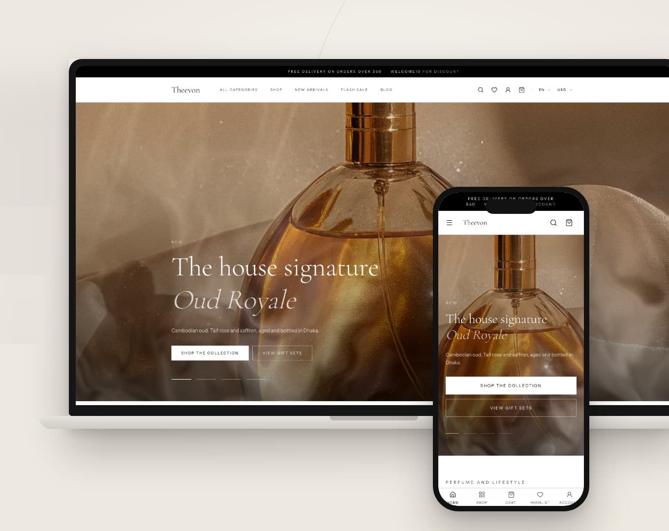 A perfume storefront built on Ryven Commerce, shown on a laptop and a phone: a featured fragrance with buttons to shop the collection and view gift sets.